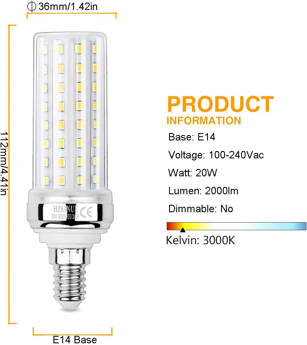 HZSANUE LED Corn Bulbs 20W, 150W Incandescent Bulbs Equivalent, 2300Lm, 3000K Warm White, E14 Small Edison Screw, Pack of 3 - Image 3