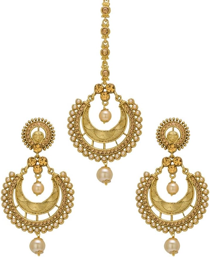 Bindhani Women's Indian Style Maang Tika Headpiece Bollywood Jewellery Bridal Hair Accessories Bridesmaid Wedding Traditional Bahubali Gold Plated Chandbali Kundan Earrings Mang Tikka Jewelry