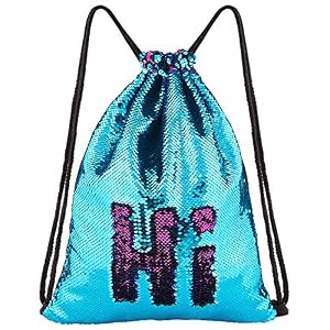 Image of ICOSY Mermaid Sequin Bag Magic Reversible Sequin Drawstring Backpack Glitter Dance Bags Flip Sequins Backpack Bags Shining Sports Backpack for Kids Adults (Lake Blue/Rose Red, 13.8"x 17.7")