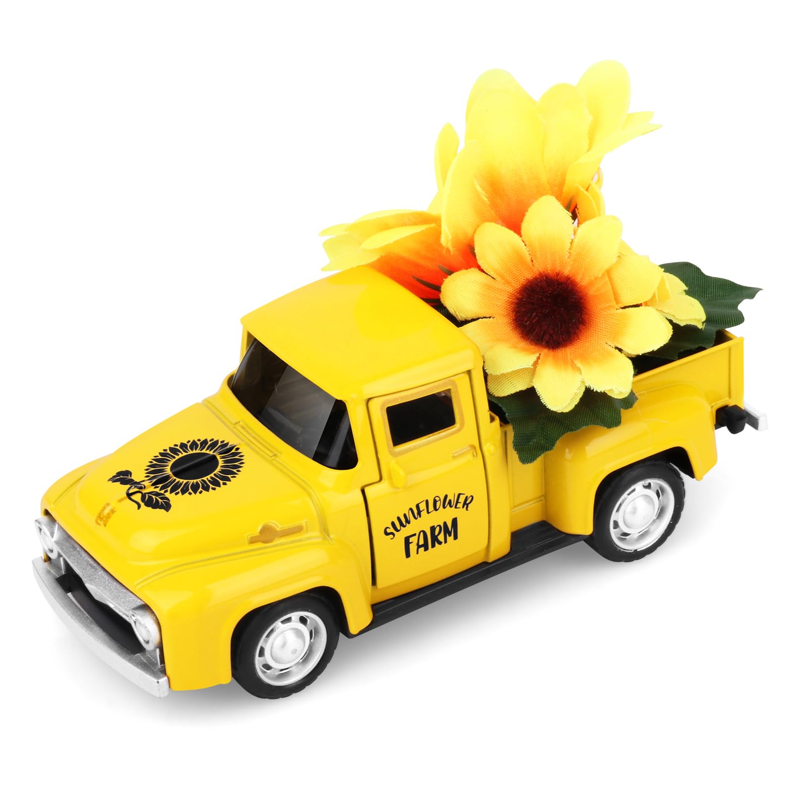 Photo 1 of Lemicin Sunflower Vintage Metal Truck Mini Metal Farm Truck Decor with Sunflower Bouquet Farmhouse Rustic Pickup Tiered Tray Decor for Home Kitchen Shelf Table Decor Yellow
