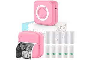 HUIJUTCHEN Inkless Mini Thermal Pocket Printer, Wireless Mini Sticker Printer with 10 Rolls Thermal Paper for iOS&Android, Portable Mini Photo Printer for Notes Journal Memo Photo Study, Pink