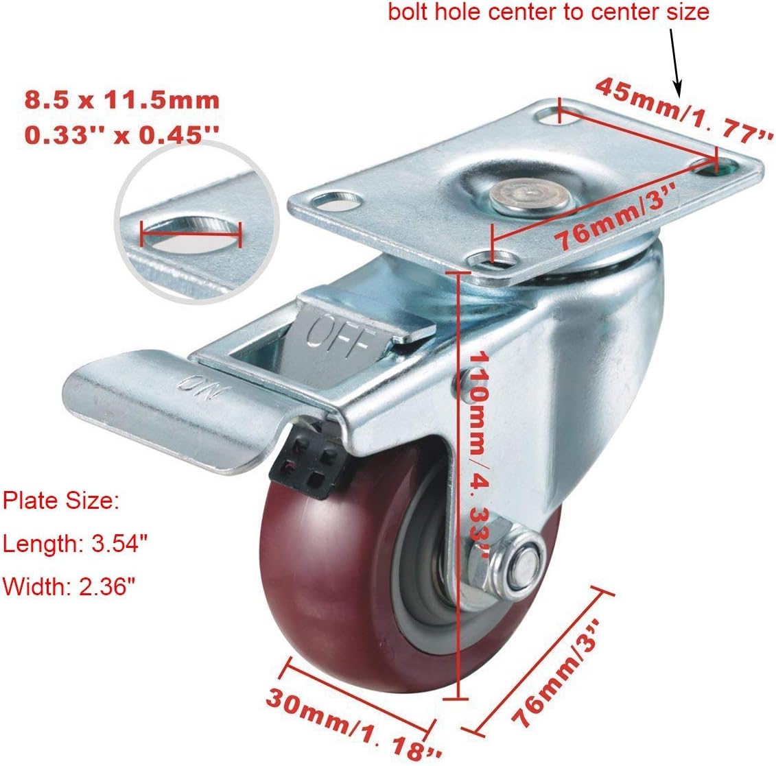 bayite 4 Pack 3" Heavy Duty Caster Wheels Polyurethane PU Swivel Casters with 360 Degree Top Plate 500lb Total Capacity for Set of 4 (2 with Brakes& 2 Without) Red: Home Improvement