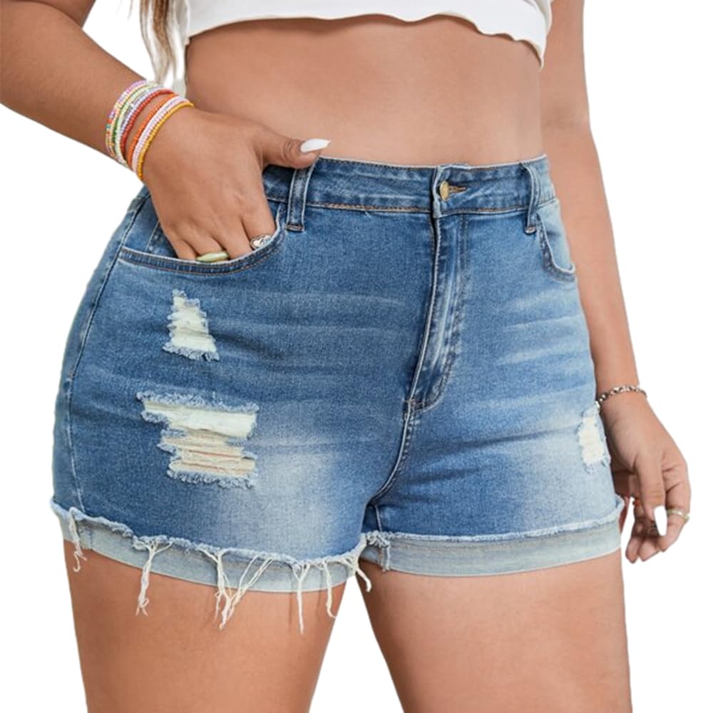 Photo 1 of MapleHub Plus Size Denim Shorts Women High Waisted Ripped Folded Hem Jean Shorts