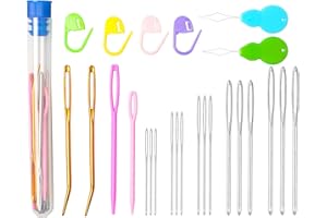 Hekisn 25Pcs Large Eye Blunt Yarn Needles kit, Assorted Sizes Bent Tapestry Darning Needle, Sewing Needles with Needle Threaders & Stitch Markers for Knitting Crochet (Blue)
