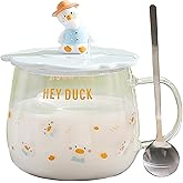 ZRAGEK High Borosilicate Heat-resistant Glass Mug, Cute Duck Coffee Cup, Clear Cup with Lid and Spoon, 18.3 oz Large Capacity Drinking Tumbler(Blue, 18.3Oz)