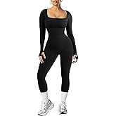 Popilush Jumpsuits for Women Long Sleeve Built-In Bra Square Neck Full Length Leggings Bodycon Stretch Workout Outfits