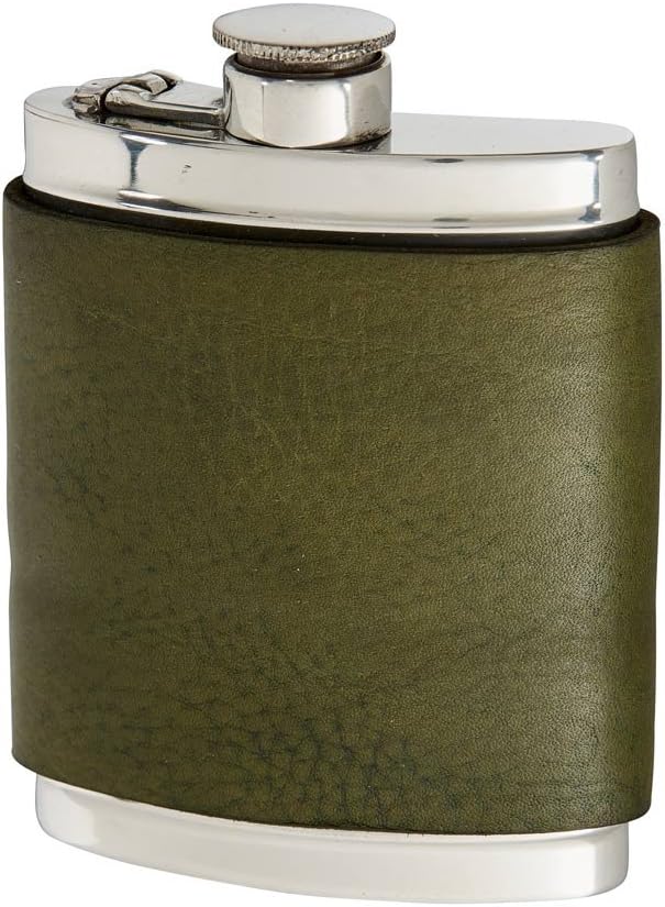 Wentworth Pewter- Racing Green Leather Pewter Kidney Flask,Hip Flask, Spirit Flask, 6oz capacity, with captive top