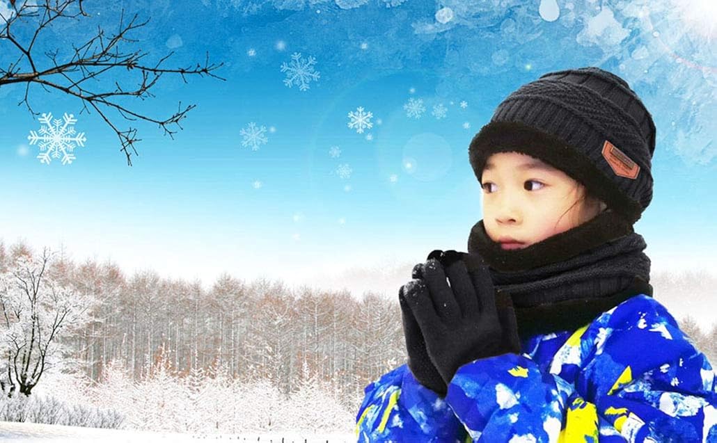 HINDAWI Winter Beanie Hat Scarf Gloves for Kids (5-14 Years) Snow Knit Skull Caps Boys Girls Infinity Scarves Touch Screen Mittens: Clothing
