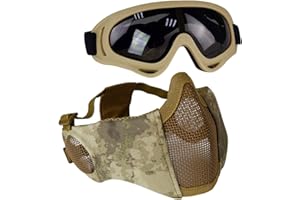 AOUTACC Airsoft Protective Gear Set, Half Face Mesh Mask with Ear Protection and Tactical Goggles for Adult Men Women BBS Paintball Shooting CS Survival Games Cosplay