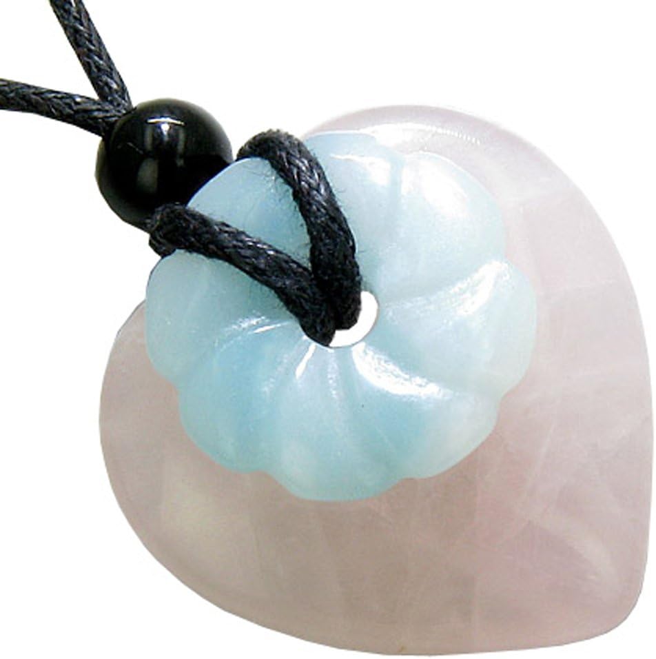 Double Lucky Rose Quartz and Amazonite Heart Amulet Pendant Necklace