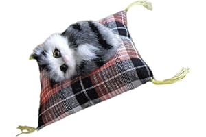 Sleep Cats Doll on Cushion Mat Realistic Furry Plush Cats Animal Stuffed Statue Ornament for Birthday Party Present Soft Plus