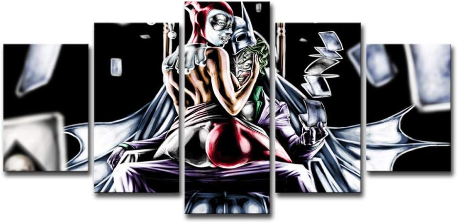 Loveygg Canvas Wall Art Set Of 5 Heroes Comics Joker Hero Harley Quinn Hero Masks Hd Print Painting Home Wall Decor Mural, 150x80cm