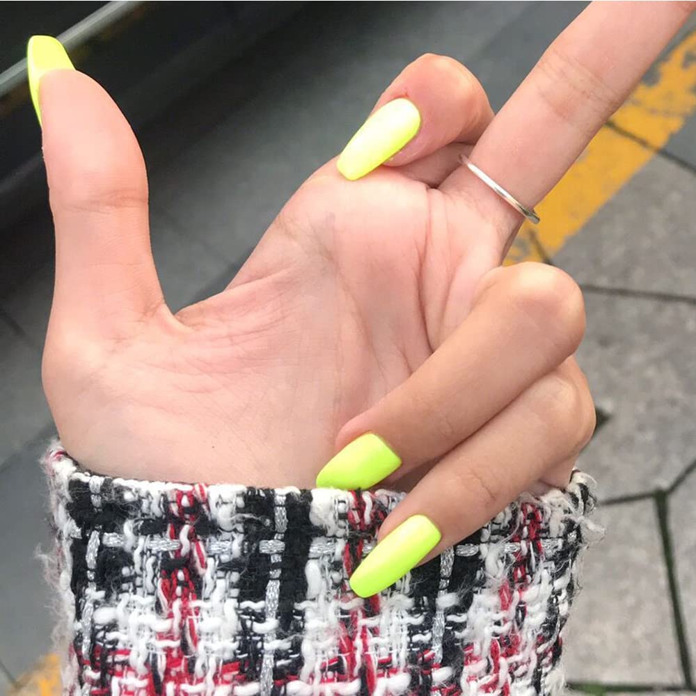 BSLVWG Coffin False Nails Matte Fake Nails Ballerina Acrylic Stick on Nails Artificial Full Cover False Nail Tips 24Pcs for Women and Girls (fluorescent green)