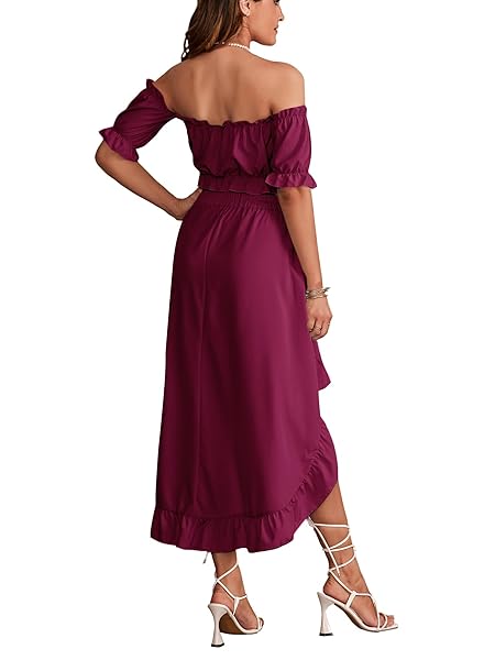 LYANER WOMEN’S TWO PIECE OUTFITS OFF SHOULDER CROP TOP AND HIGH LOW SKIRT SET CRANBERRY RED SMALL