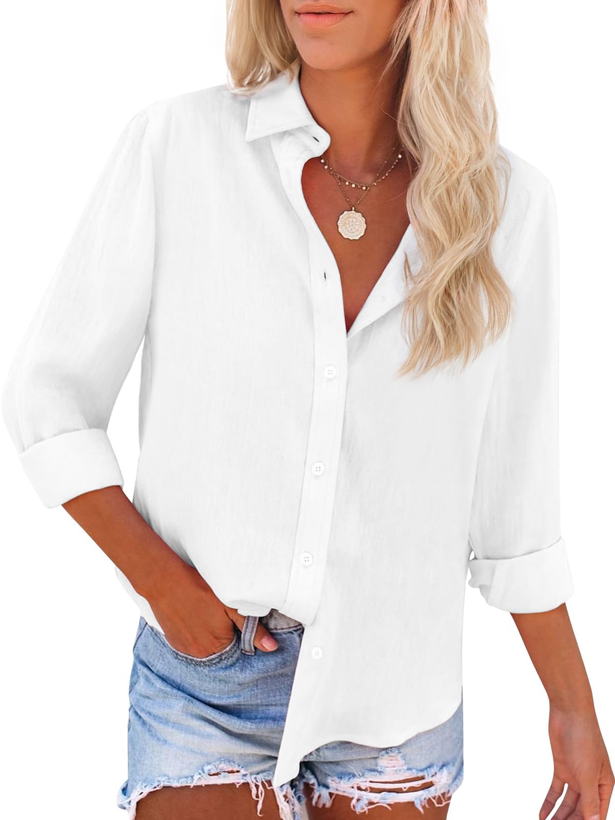 Photo 1 of siliteelon Button Down Shirts for Women Dress Shirts Long Sleeve Wrinkle-Free Blouse Casual Solid Office Work Tunic Top - White L