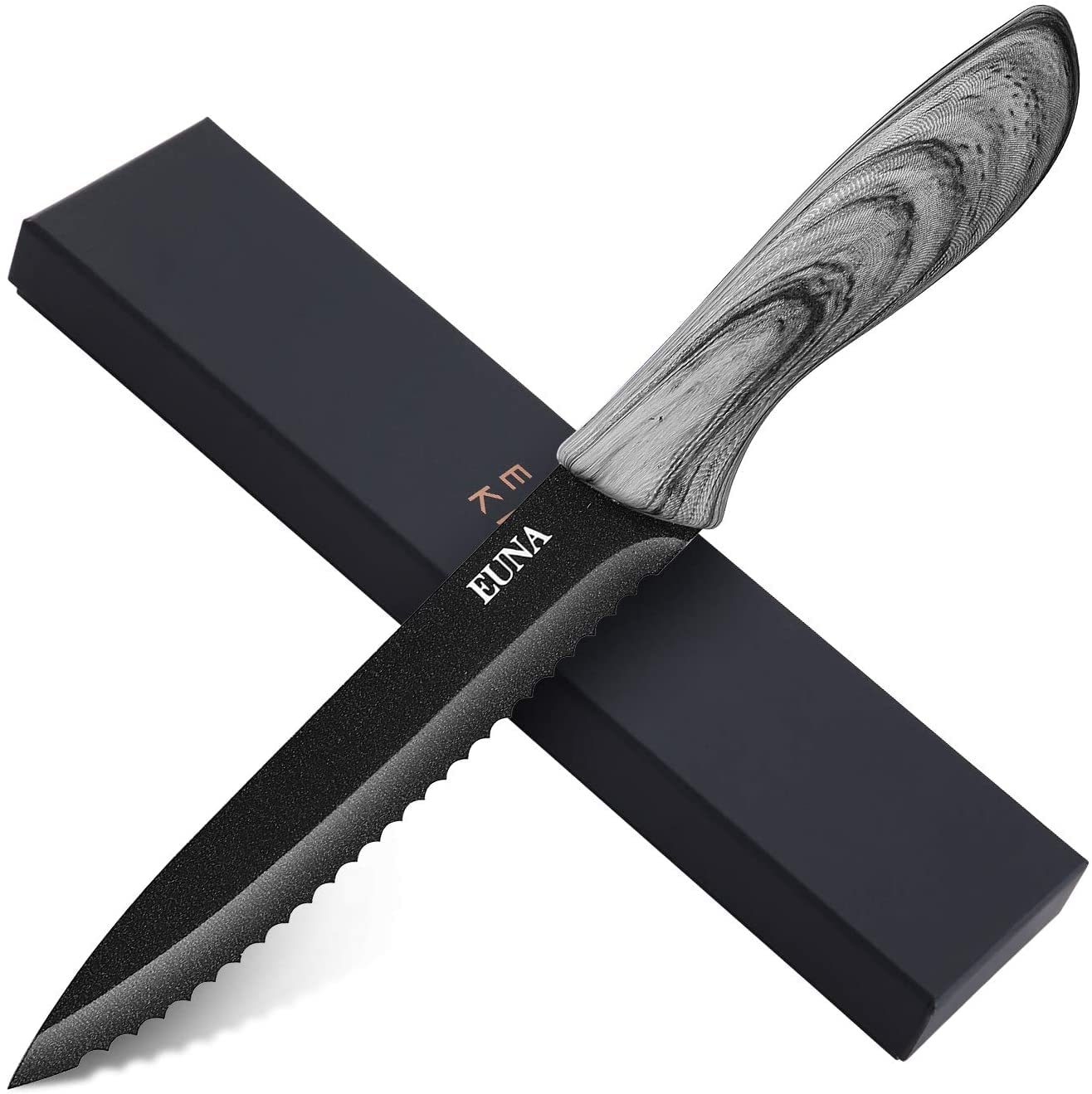 EUNA 5 Inch Serrated Bread Knife Ultra-Sharp Utility Knife for Kitchen Slicing & Paring Professional with Sheath & Gift Box Bread Pizza Cutter with PP Grey ​Texture Universal Grip Multipurpose