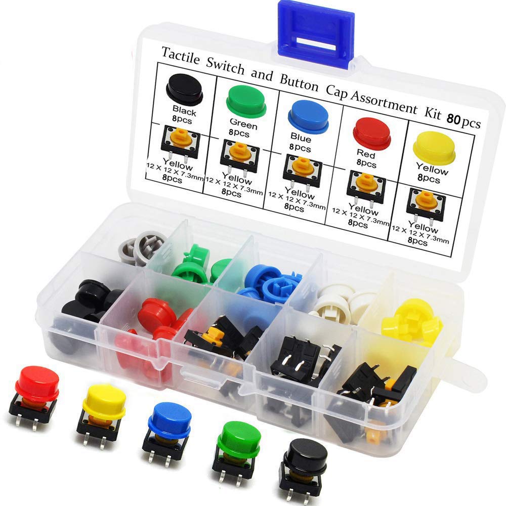 RUNCCI-YUN Mini Momentary Push Button Switch，80 Pcs Tactile Switch Buttons12x12x7.3mm with 5 Colors Round Cap,Lockless Momentary,for Arduino PCB