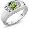 Gem Stone King 1.39 Cttw Green Peridot and White Created Sapphire Ring For Men In 925 Sterling Silver | Oval 8X6MM | Available In Size 9,10,11,12,13