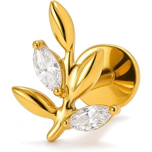 BCMON 16G Titanium CZ Leaf Flat Back Cartilage Earring | Hypoallergenic, nickel-free G23 titanium with a polished cool tone.