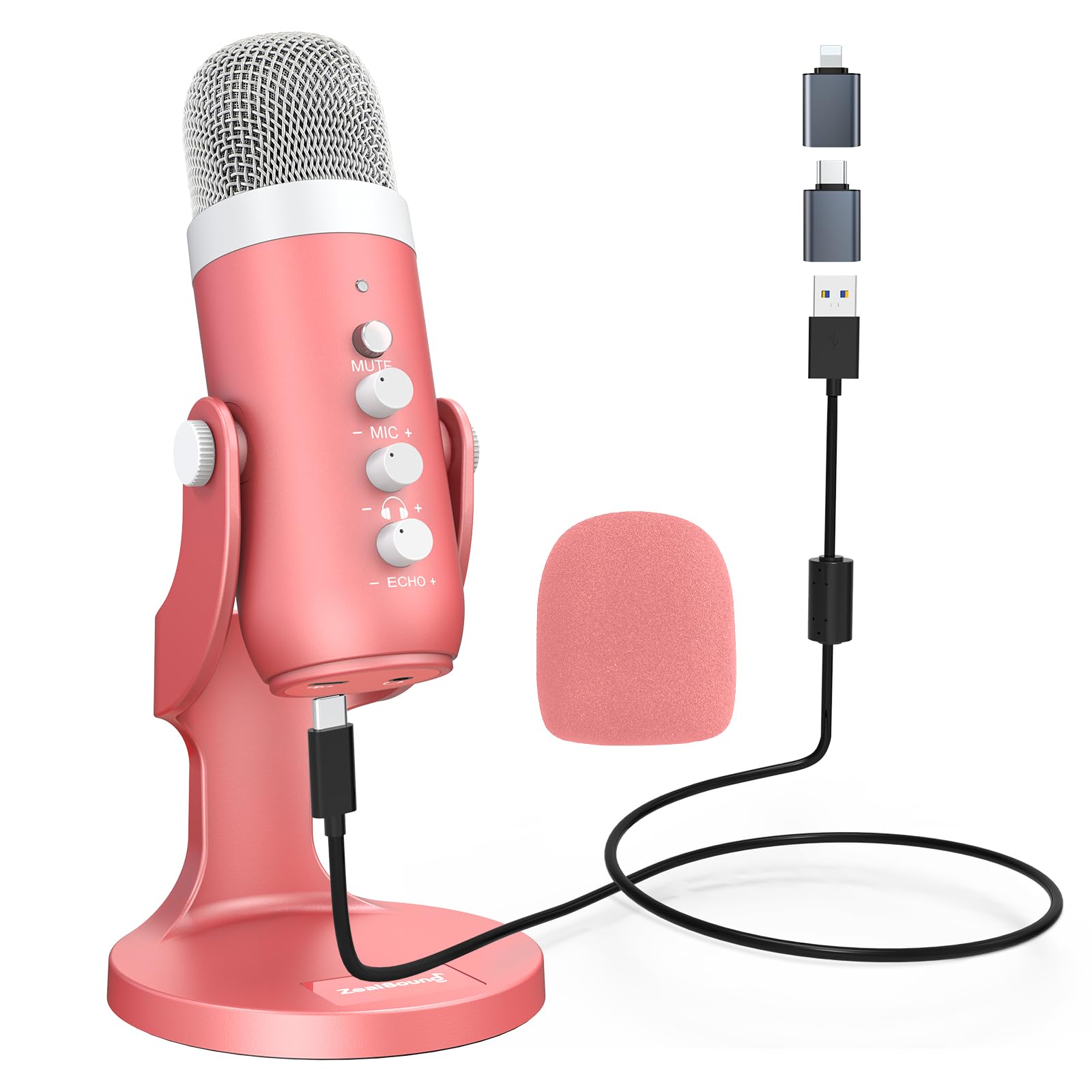 Photo 1 of ZealSound USB Microphone,Condenser Computer Mic,Plug&Play Gaming Microphones for PS 4&5.Headphone Output&Volume Control,Mic Gain Control,Mute Button,YouTube Podcast on Mac&Windows Pearlescent Pink