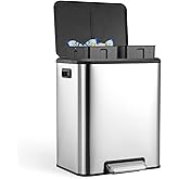 Garvee Dual Trash Can for Recycling and Trash, Stainless Steel Kitchen Trash Can with Lid and Foot Pedal, Double Compartment Garbage Can, with Recycling Bin (Silver, 8 Gallon(2x4Gal))