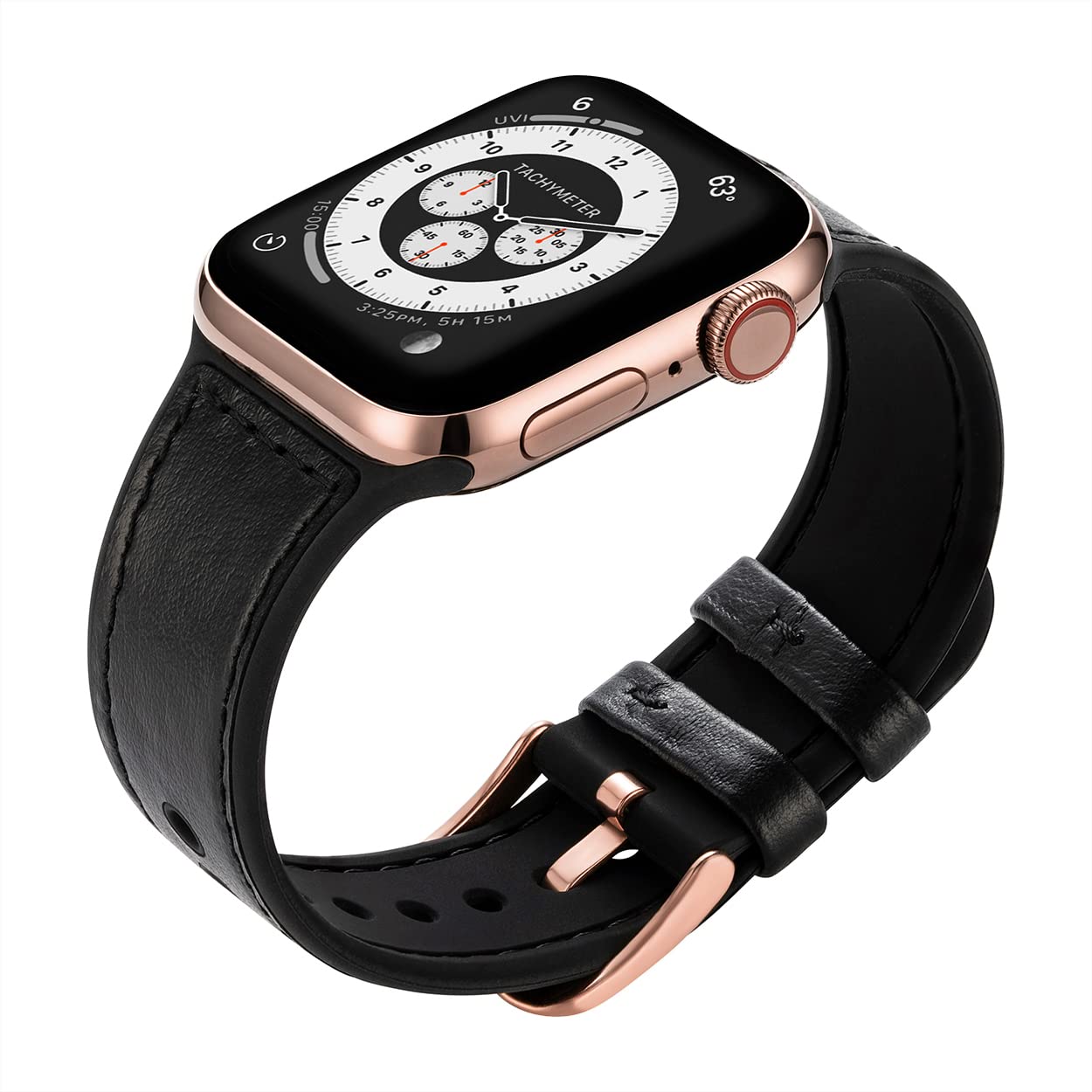 Buckle & Band Mona Silicone and Leather Sports Compatible Apple Watch Strap Black Genuine Leather upper, silicone under with Rose Gold Buckle for Series 1, 2, 3, 4, 5, 6, 7 38mm, 40mm, 41mm