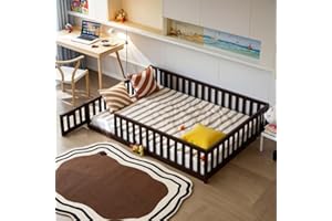 PVWIIK Full Montessori Floor Bed with Roof & Slats for Girls & Boys,Twin Size Floor Bed w/Safety Guardrails for Girls,Boys/Espresso