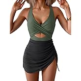B2prity Women Mesh One Piece Swimdress Swimsuit Tummy Control Cutout V Neck Bathing Suit Wrap Drawstring Sarong Swimwear Army Green,Black