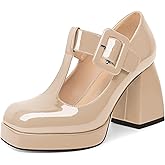 YODEKS Women's High Heels Square Toe Mary Jane Pumps Chunky Heel Platform Dress Shoes