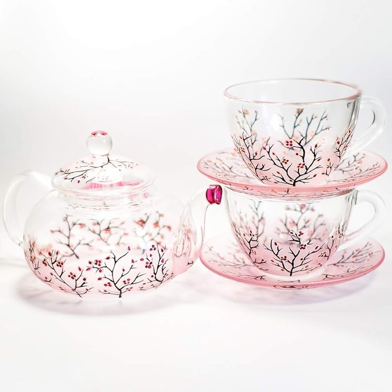 Cherry Blossom Teapot with Cups and Saucers Elegant Tea Set Women Hand Painted