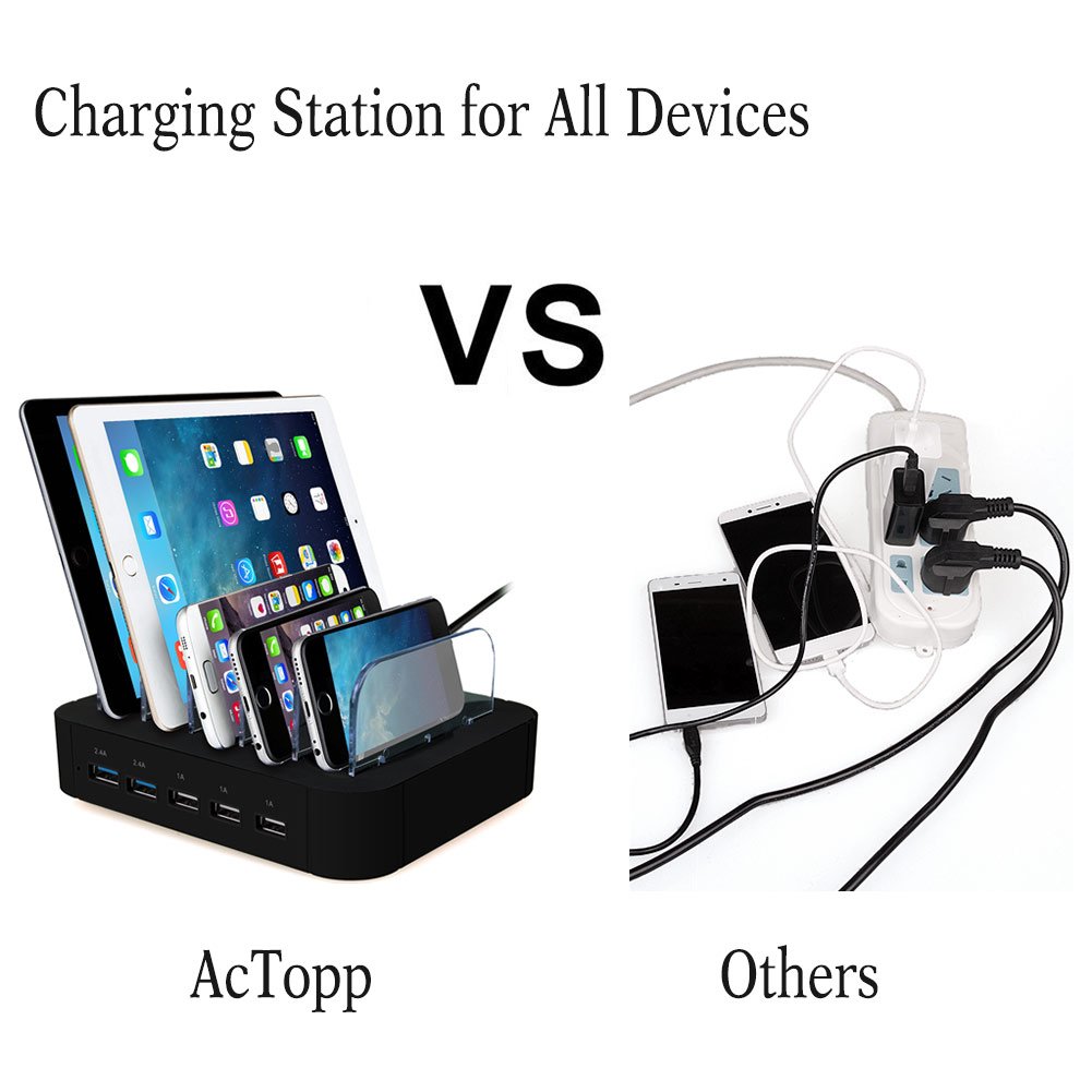 AcTopp USB Ladestation Multiport USB Universal Dockingstation Ladegerät Ladedock 5 Ports USB Ladestation gehostete Desktop Ladestation Ladeeinrichtung für Handys Tablets Kindle