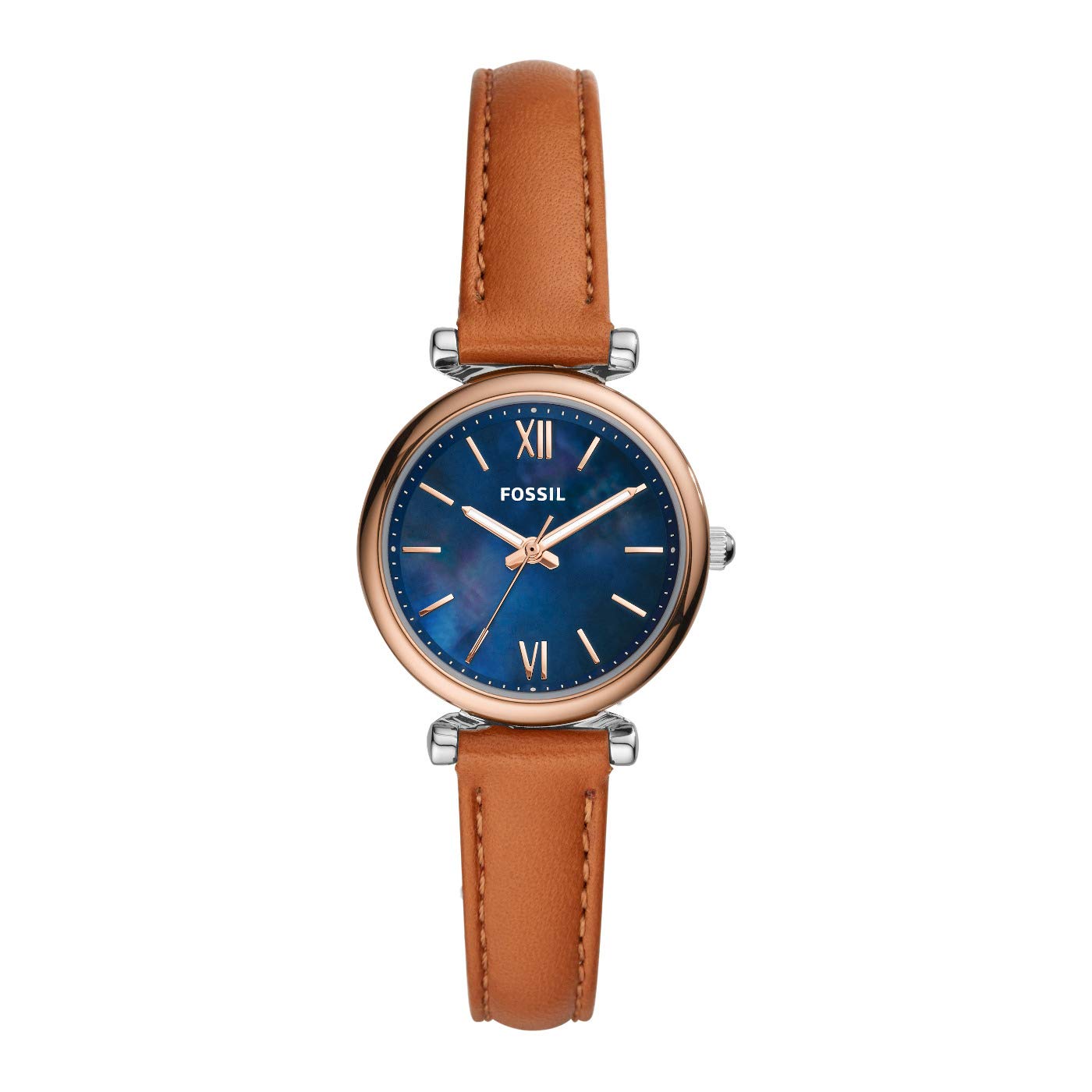 Fossil Damenuhr Carlie Mini, Quarzwerk, 28mm Silbernes Edelstahlgehäuse mit Lederarmband, ES4701