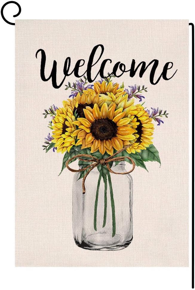 BLKWHT Spring Summer Sunflower Garden Flag Vertical Double Sided Welcome Mason Jar Floral Farmhouse Burlap Yard Outdoor Decor 12.5 x 18 Inches (143902)