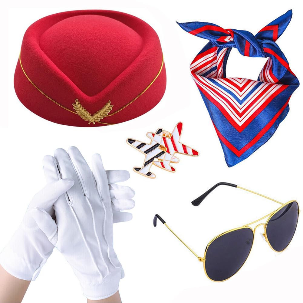 QUUPY 5PCS Airline Stewardess Costume Accessories Set Womens Flight Attendant Costume Accessories Cosplay Outfit for Adults Cosplay Dress up Party(Red)
