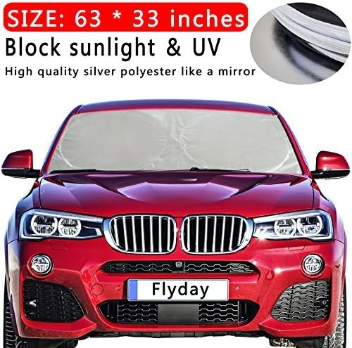 Flyday Auto Car Sun Shade Foldable Windshield - Block Out 99% UV Rays Heat & Snow Sun Visor Protector, Sunshade to Keep Your Vehicle Cool, Fits Trucks SUVs Vans(Standard 63 x 33 inches)