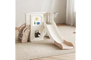 DEER COCO Toddler Slide Indoor with Climber, Basketball Hoop, Painting Board, Tunnel and Storage Space 6-in-1, Kids Slide for Toddlers 1-3, Indoor Playground Set for Toddlers Freestanding Slides (no Swing)