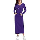 MISSKY Women Casual Pocket Quarter-Zip Neck 3/4 Sleeve Slim Split Pullover Hoodie Maxi Dress