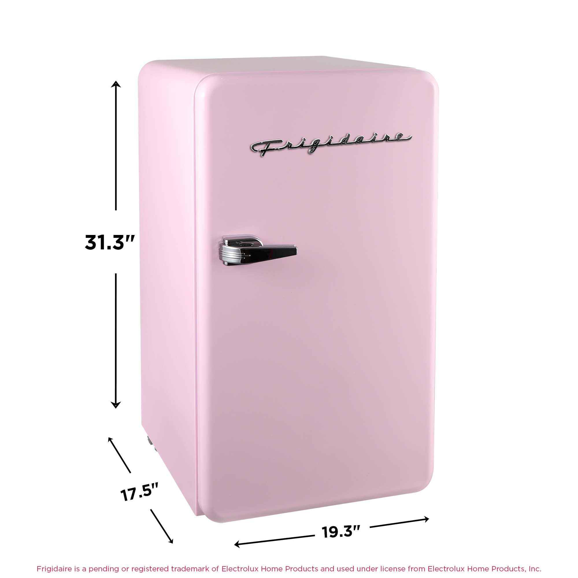 Frigidaire Retro Compact Refrigerator with Chiller, 3.2 cu ft Countertop Fridge, Built-In Bottle Opener, Rounded Corners, Premium, for Office, Bedroom, Dorm Room, Cabin, 18.5D x 20W x 31.5H (Pink)