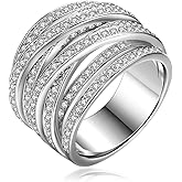 HAIXIAN Sterling Silver Cubic Zirconia Ring, Multi Cross Lines Design, Full Finger Band, Wedding Engagement Jewelry for Women