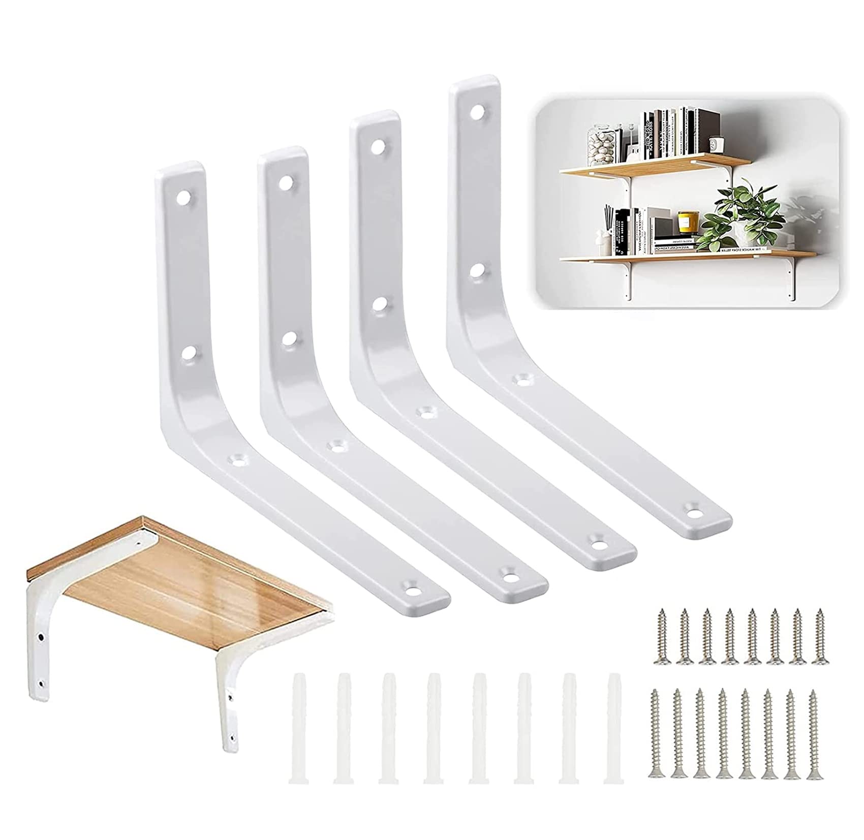 4Pcs Shelf Brackets White, Heavy Duty Angle Brackets, Metal L-Shaped Shelf Bracket, 20×15CM for Shelves Support Wall Hanging Supporting Suspended Items