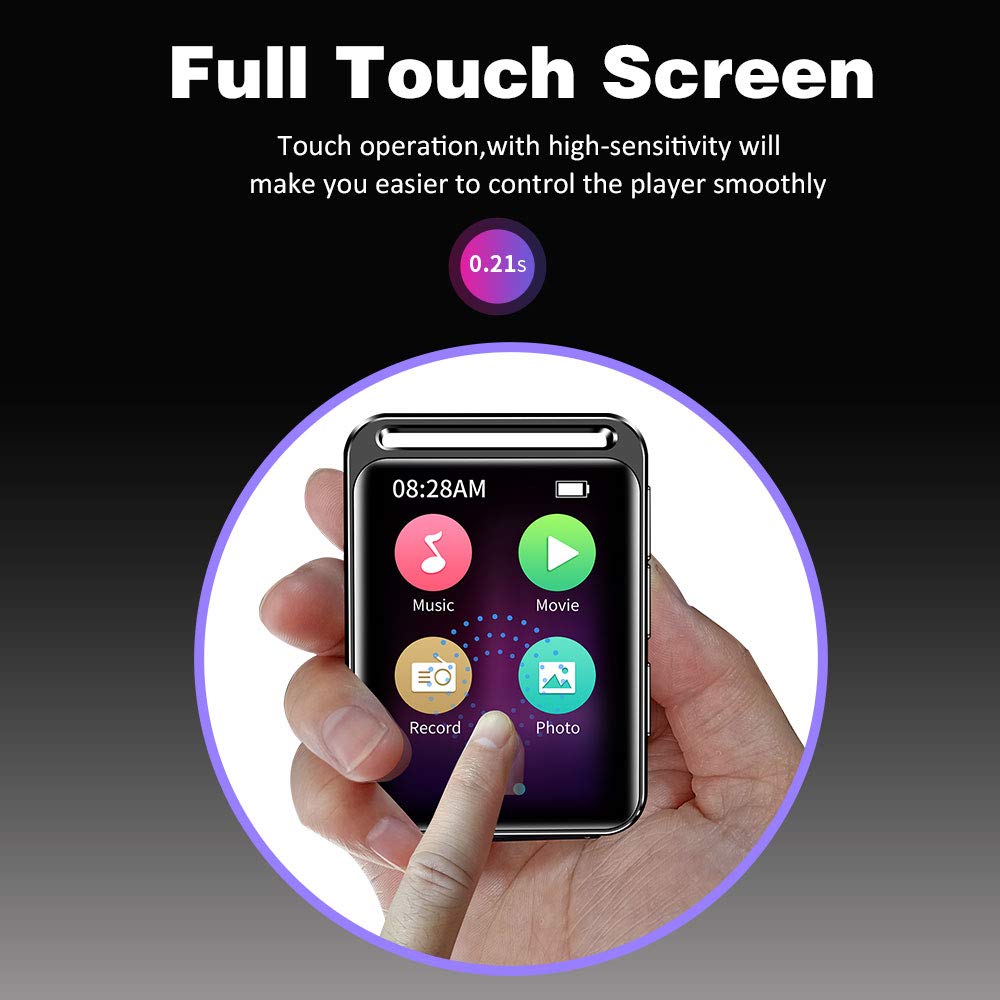 16GB MP3 Player with Bluetooth 4.1, HiFi Lossless Sound Music MP3 Player with FM Radio, Voice Recorder, E-Book, Supports up to 128GB, Earphone Included, Built-in Speaker, 1.8 inch Full Touch Screen