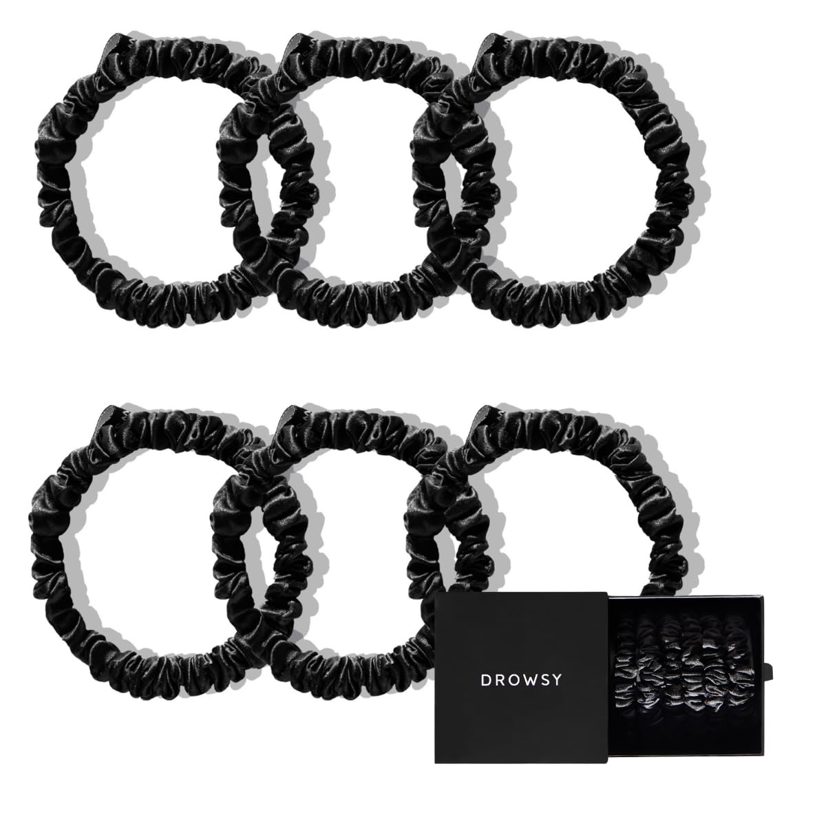 Drowsy Luxury Skinny Silk Scrunchies - Pack of 6 - Premium Hair Care Beauty Accessories for All Hair Types - Protect Hair Health, Reduce Breakages (6 Black Jade)