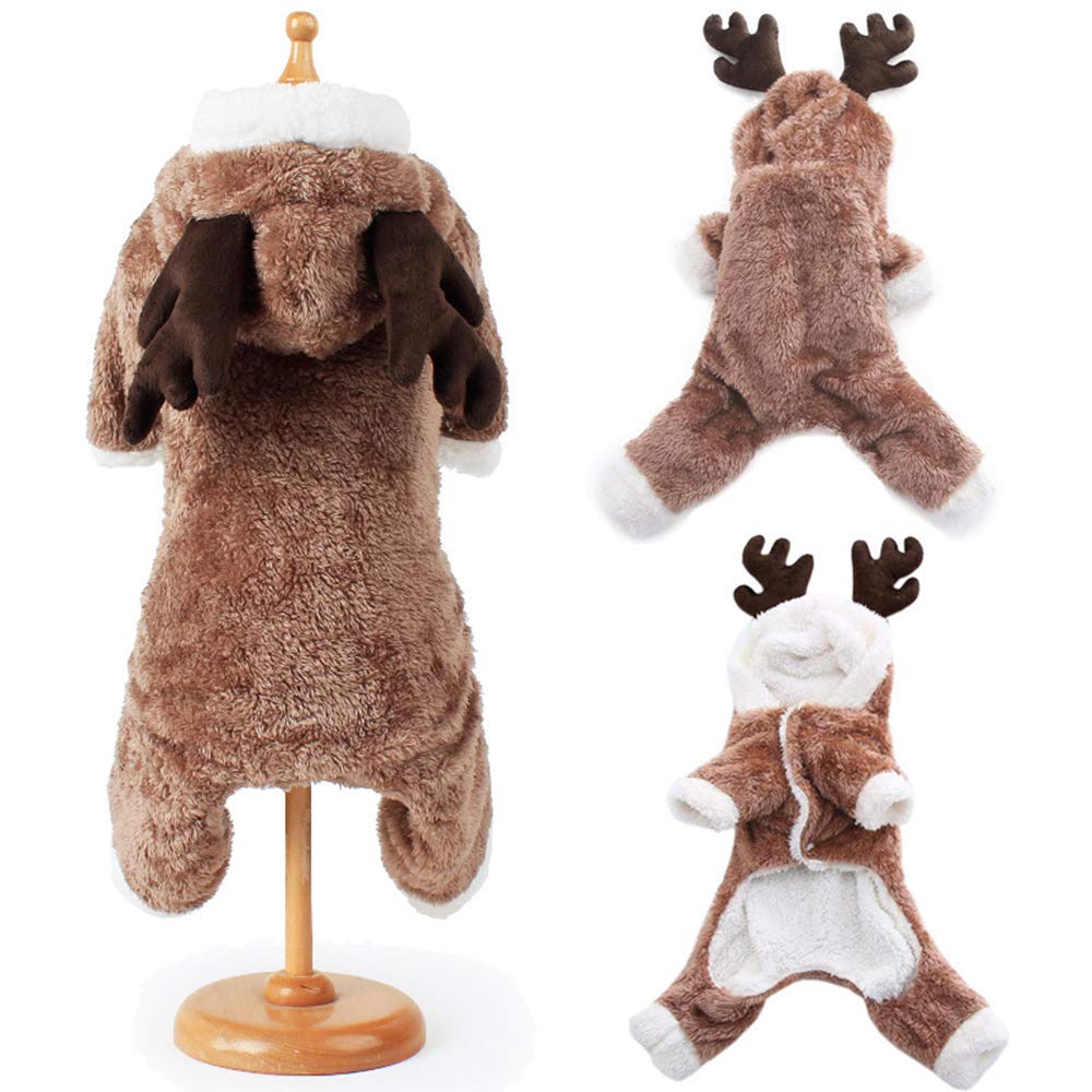 BULZEU Cute Dog Christmas Clothes Hoodie Winter Warm Reindeer Deer Elk Pet Costume Coral Fleece Coat for Cats & Dogs Puppy Xmas Fancy Dress for Teddy, Yorkshire Terrier, Chihuahua