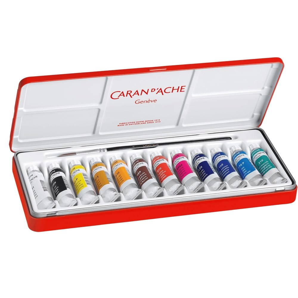 Caran Dache Metal Box of 12 Tubes Poster Colours and 1 Brush
