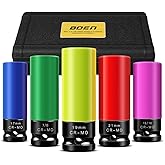 BOEN 1/2" Drive Wheel Protector Impact Socket, Non-Marring Lug Nut Thin Wall Deep Socket Set, CR-MO, 6 Point, Color-Coded Protective Socket | Metric 17 19 21 mm | SAE 13/16 7/8 inch (5 PCS)