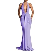 Women Deep V Neck Ruched Maxi Dress Sleeveless Halter Bodycon Gown Cocktail Evening Formal Dresses