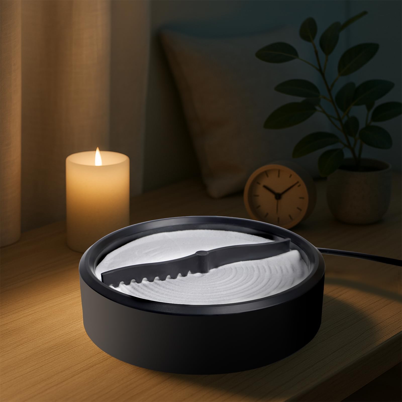Photo 1 of Automatic Zen Sand Garden for Desk, Mini Zen Garden Decor for Office Desk with White Sand Black Base?Home Meditation for Relaxation, Sand Tray Therapy, Minimalist Plate Accessories 8in