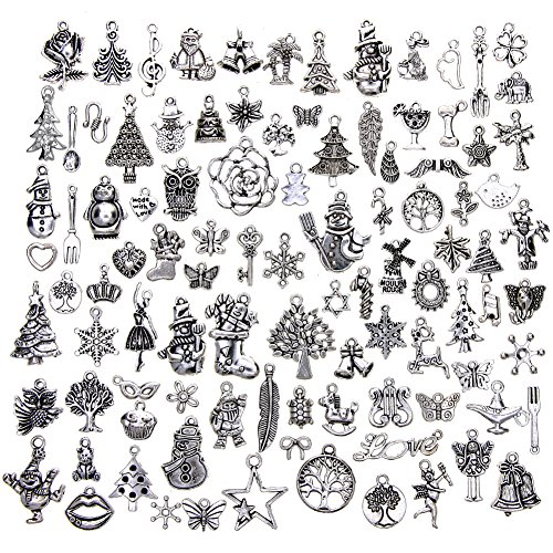 KeyZone Wholesale 100 Pieces Antique Silver Mixed Christmas Charms Pendants DIY for Jewelry Making and Crafting - Thumbnail 7