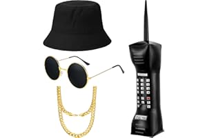 meekoo 80s/90s Hip Hop Costume Kit 90s Rapper Outfit Costume, Mobile Phone Bucket Hat Sunglasses Faux Chain