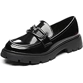 Vera Creation Women's Chunky Platform Loafers with Buckle Patent Leather Black Penny Loafers Fashion Office Work Business School Dressy Casual Shoes Comfortable Slip-on